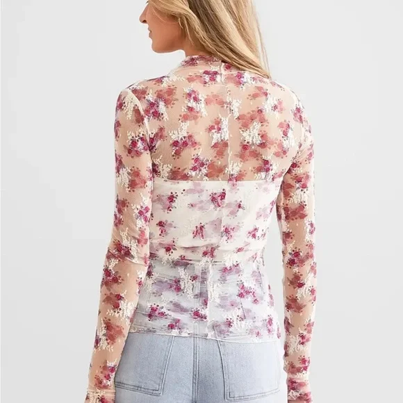 82. Pink & Ivory Floral Mesh Long Sleeve Top - Picture 2 of 3